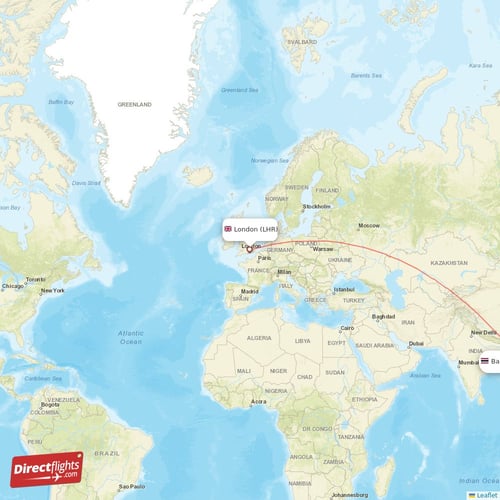 London - Bangkok direct flight map