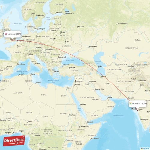 London - Mumbai direct flight map