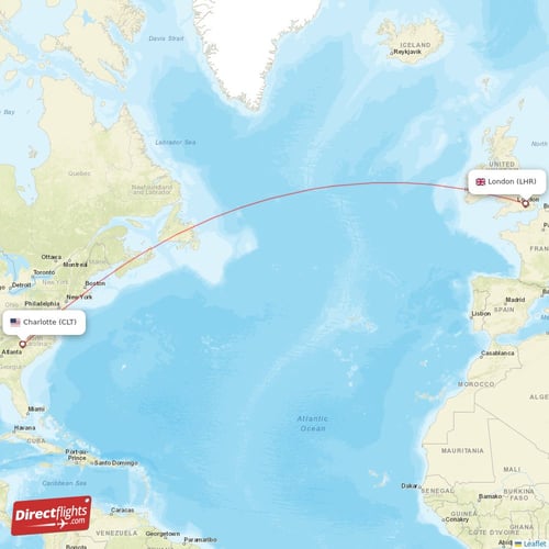 London - Charlotte direct flight map
