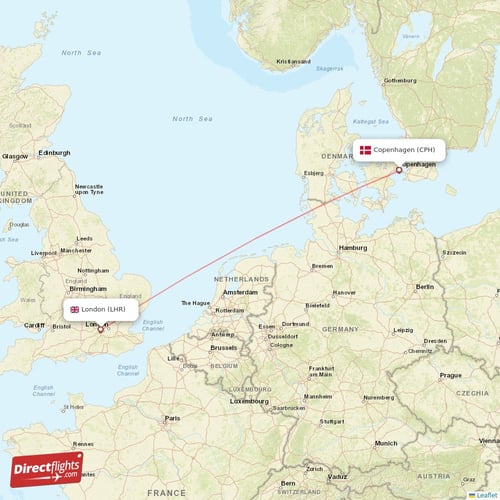 London - Copenhagen direct flight map
