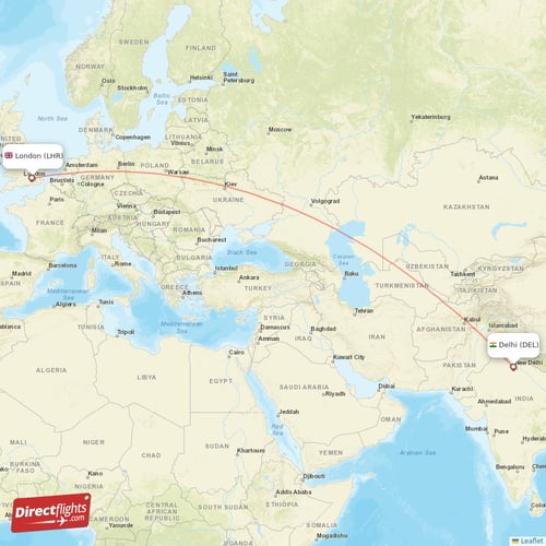 London - Delhi direct flight map