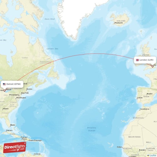 London - Detroit direct flight map