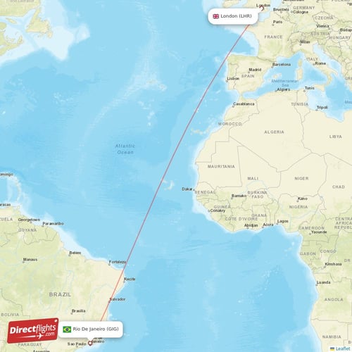 London - Rio De Janeiro direct flight map