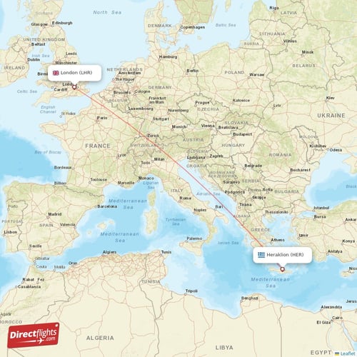 London - Heraklion direct flight map