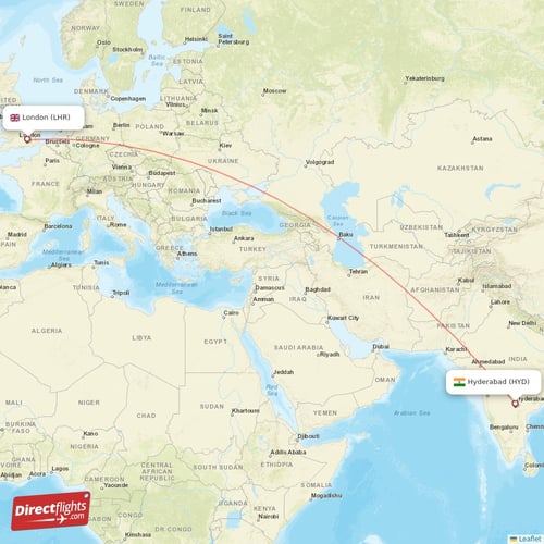 London - Hyderabad direct flight map