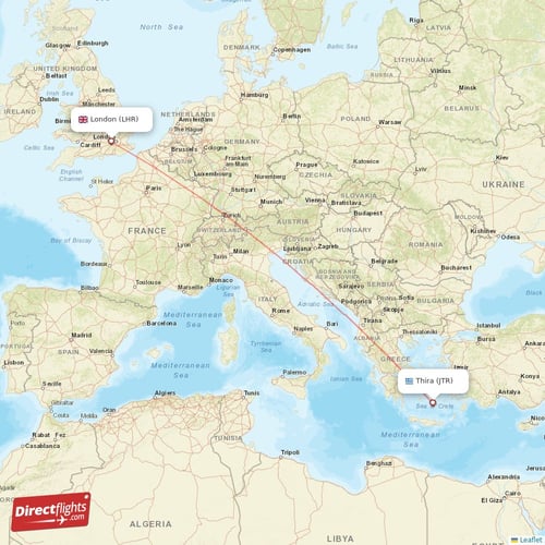 London - Thira direct flight map