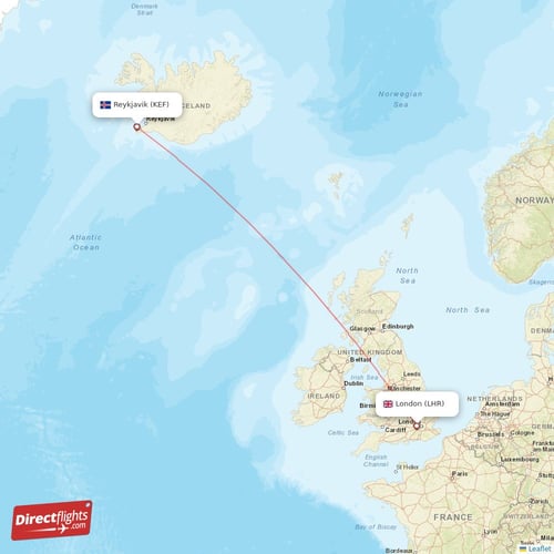 London - Reykjavik direct flight map