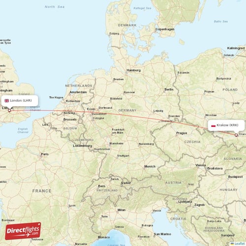 London - Krakow direct flight map