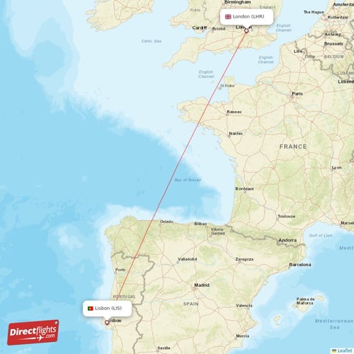 London - Lisbon direct flight map