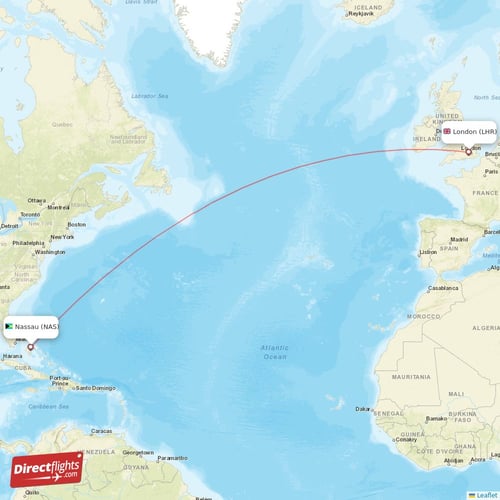London - Nassau direct flight map