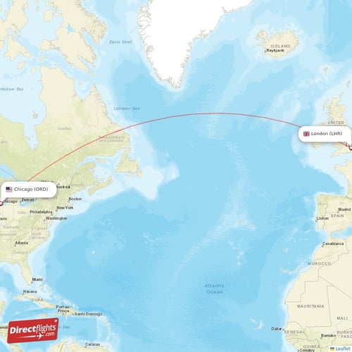 London - Chicago direct flight map