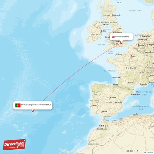 London - Ponta Delgada (Azores) direct flight map