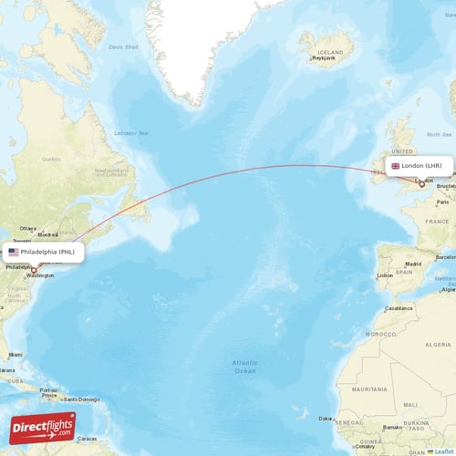 London - Philadelphia direct flight map