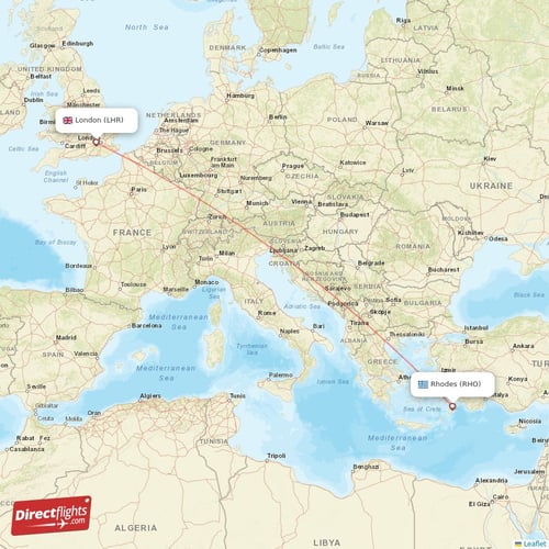 London - Rhodes direct flight map