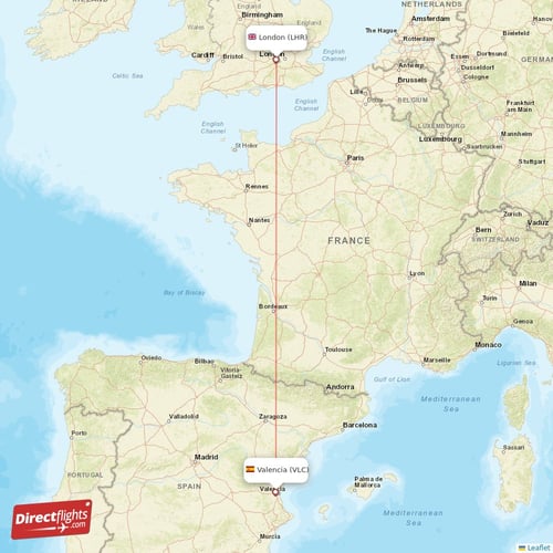 London - Valencia direct flight map