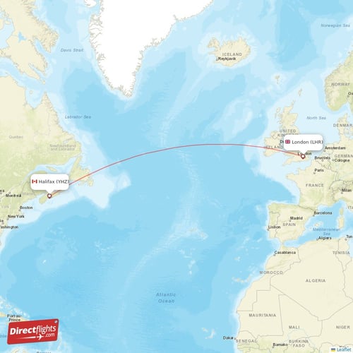 London - Halifax direct flight map