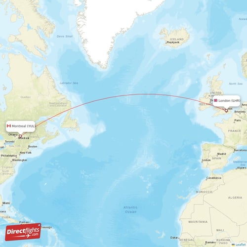 London - Montreal direct flight map