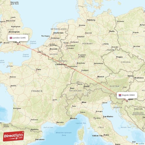 London - Zagreb direct flight map
