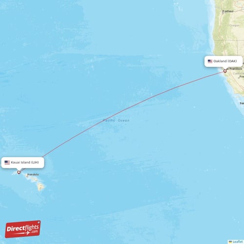 Kauai Island - Oakland direct flight map