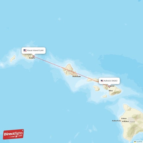 Kauai Island - Kahului direct flight map
