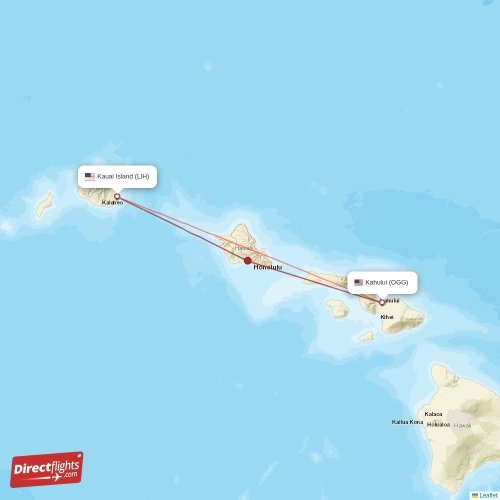 Kauai Island - Kahului direct flight map
