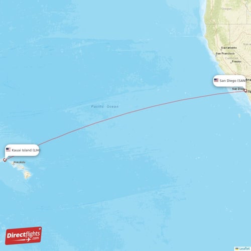 Kauai Island - San Diego direct flight map