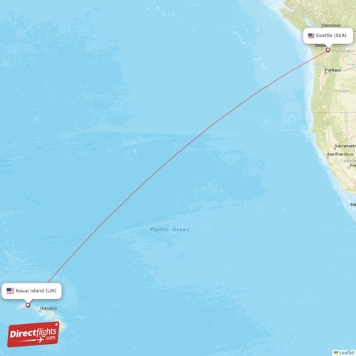 Kauai Island - Seattle direct flight map