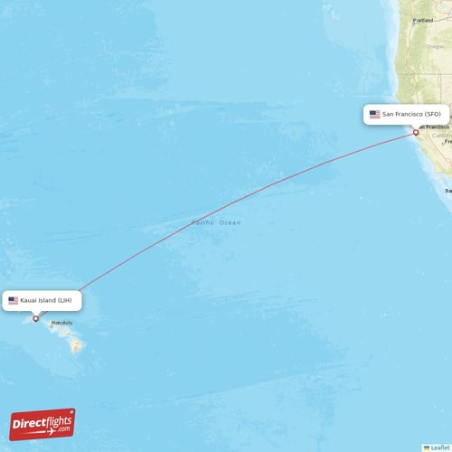 Kauai Island - San Francisco direct flight map