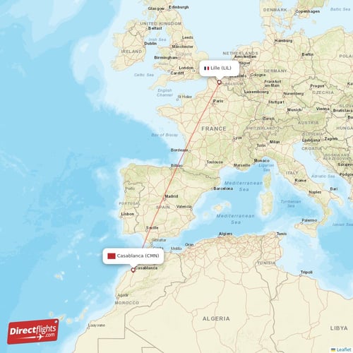 Lille - Casablanca direct flight map