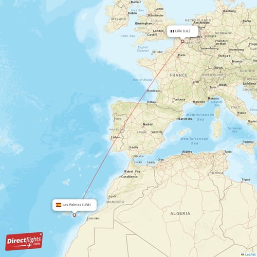 Lille - Las Palmas direct flight map
