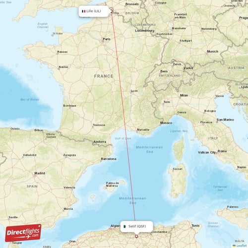 Lille - Setif direct flight map
