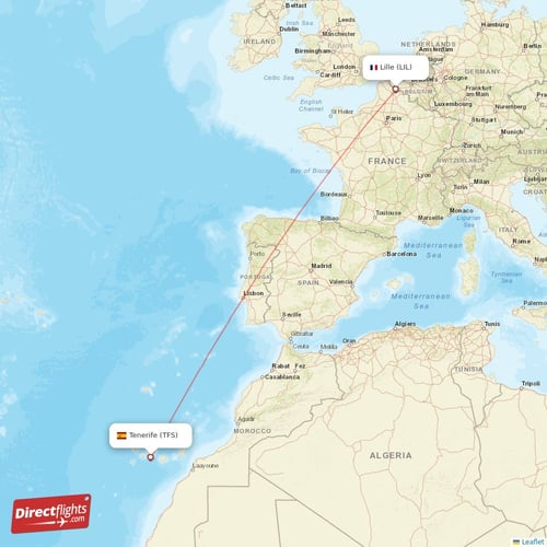 Lille - Tenerife direct flight map