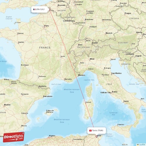 Lille - Tunis direct flight map