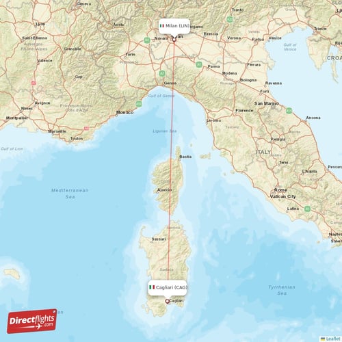 Milan - Cagliari direct flight map