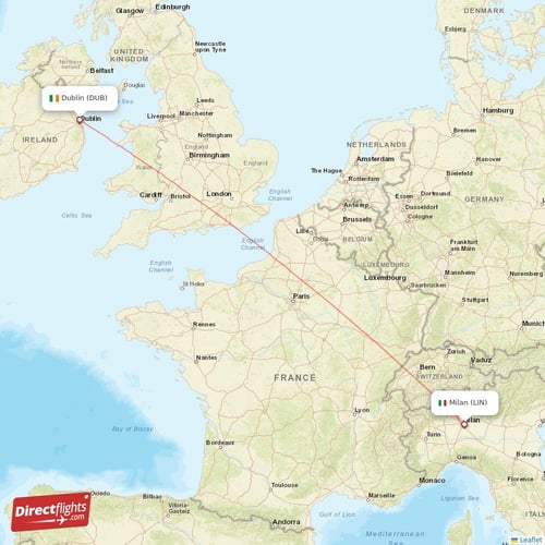 Milan - Dublin direct flight map
