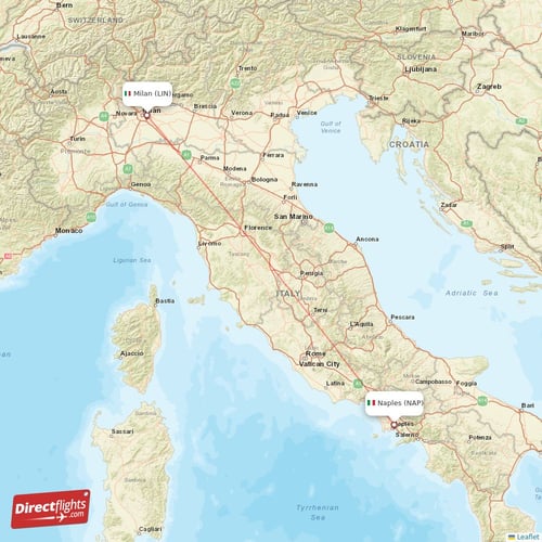 Milan - Naples direct flight map