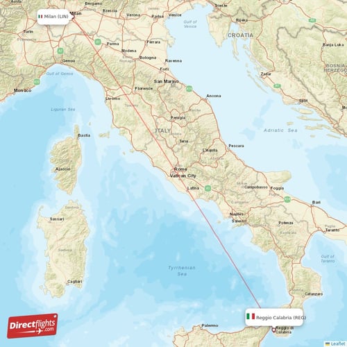 Milan - Reggio Calabria direct flight map