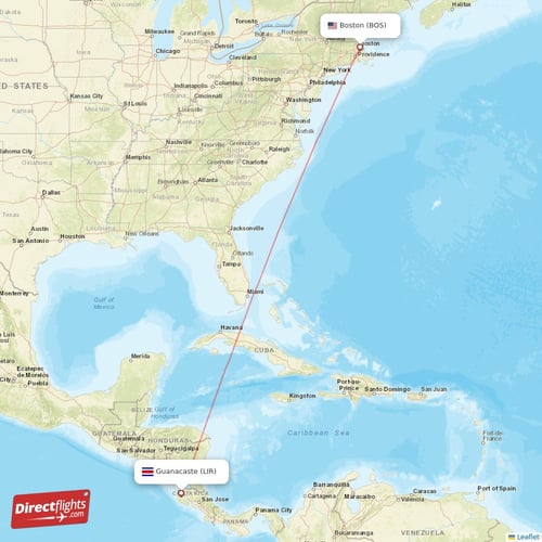 Guanacaste - Boston direct flight map