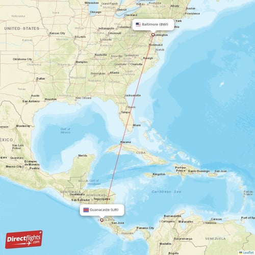 Guanacaste - Baltimore direct flight map