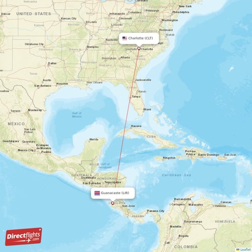 Guanacaste - Charlotte direct flight map
