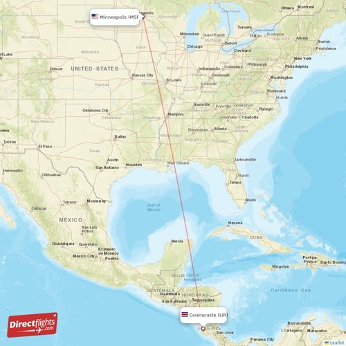Guanacaste - Minneapolis direct flight map