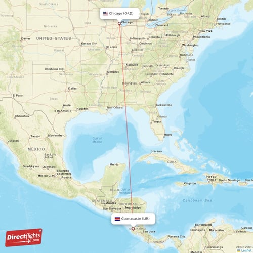 Guanacaste - Chicago direct flight map