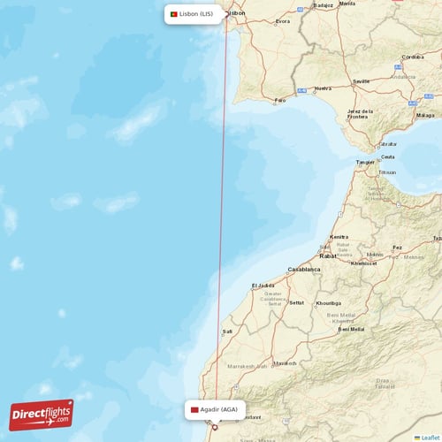 Lisbon - Agadir direct flight map