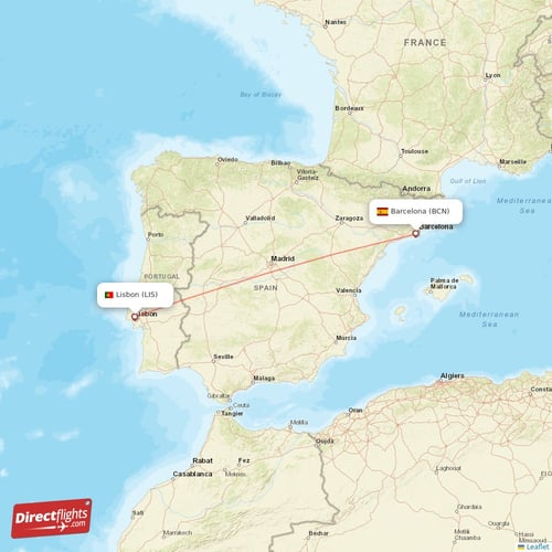 Lisbon - Barcelona direct flight map