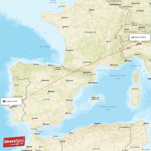 Lisbon - Milan direct flight map