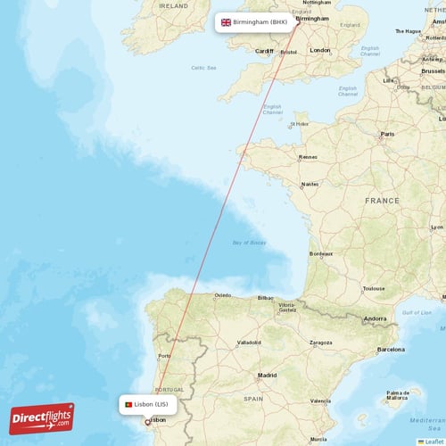 Lisbon - Birmingham direct flight map