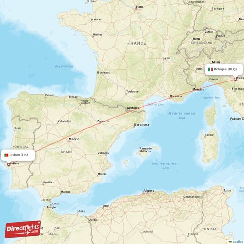 Lisbon - Bologna direct flight map