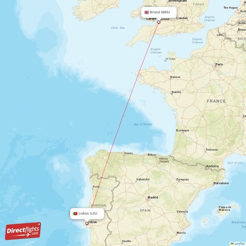 Lisbon - Bristol direct flight map