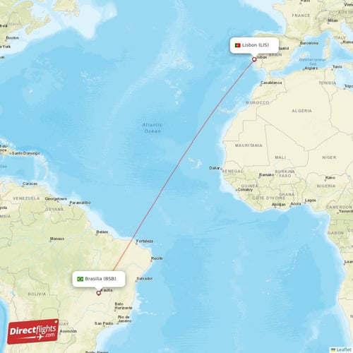 Lisbon - Brasilia direct flight map