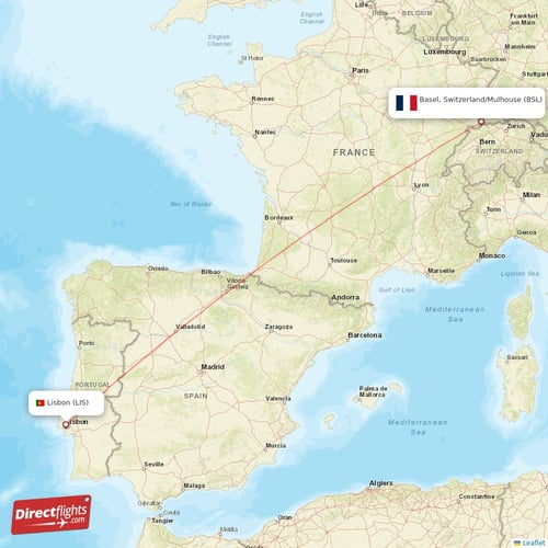 Lisbon - Basel, Switzerland/Mulhouse direct flight map